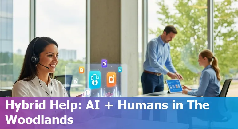 Hybrid customer service in The Woodlands, Texas: agent and AI chatbot collaborating in a local support center