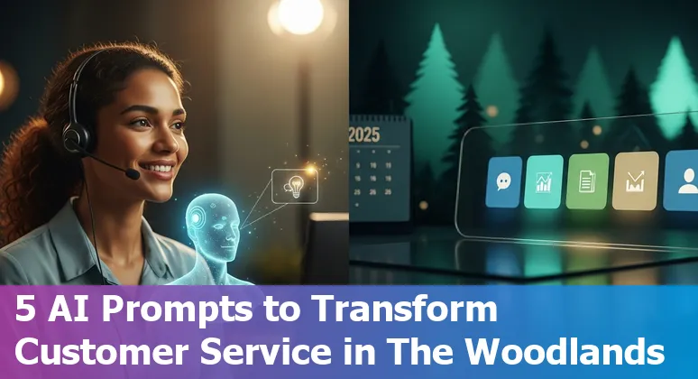 Customer service agent using AI prompts on a laptop with The Woodlands skyline in the background