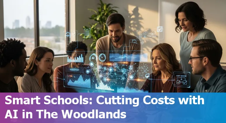 Education company team reviewing AI dashboard and cost savings plan in The Woodlands, Texas