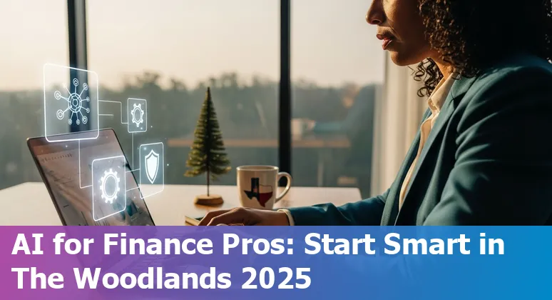 Finance professional using AI dashboard in The Woodlands, TX skyline in background