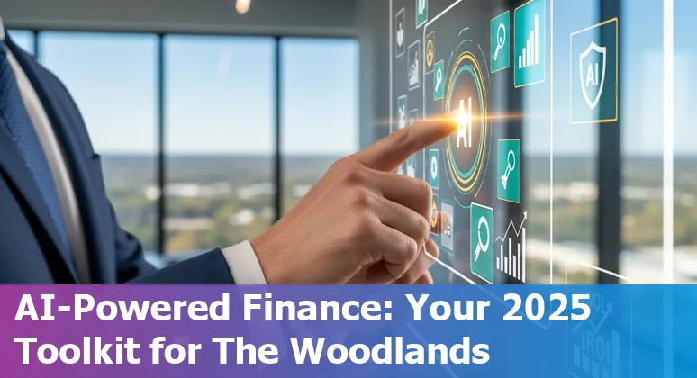 Collage of finance professionals in The Woodlands using AI tools like Arya.ai, Zest AI, AlphaSense and Formula Bot on laptops.