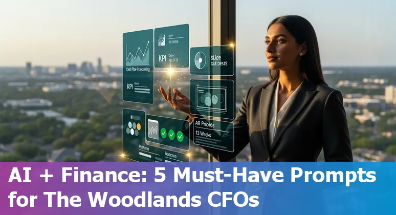 Finance professional in The Woodlands reviewing AI-generated cash forecast and board slide on laptop.