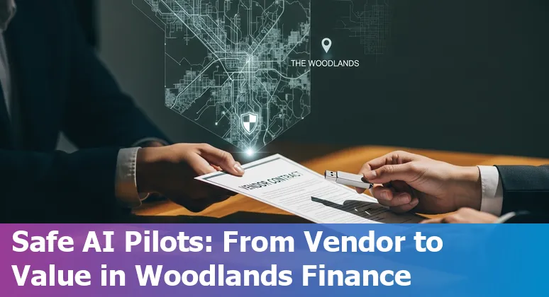Financial services team in The Woodlands using AI tools like chatbots, fraud detection, and portfolio analytics on laptops.