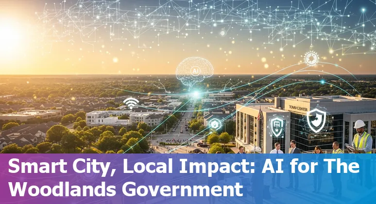 Illustration of city government services in The Woodlands, TX with AI icons for chatbots, documents, traffic, and parks.