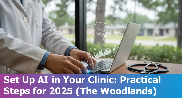 Healthcare AI illustration with The Woodlands, Texas skyline and medical icons