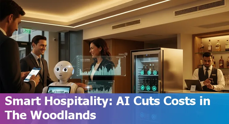 Hotel front desk using AI chatbot tablet in The Woodlands, Texas