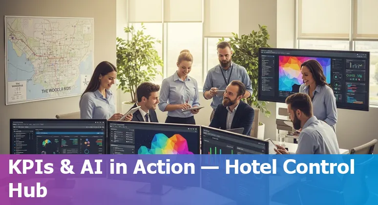 AI in hospitality 2025: The Woodlands, Texas hotel staff and smart systems illustration