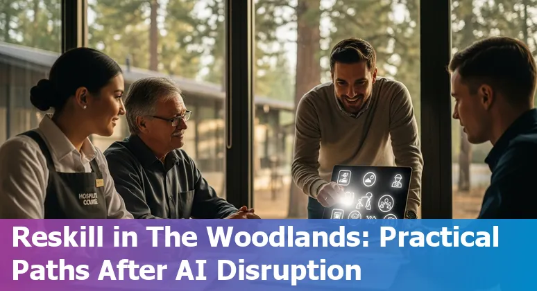 Hospitality worker at a hotel front desk with AI and automation icons overlay, The Woodlands skyline in background