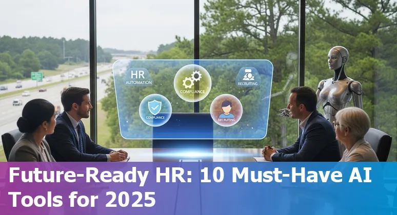 Collage showing HR tech icons like ChatGPT, HireVue, BambooHR, Workday and UiPath with a Texas map pinpoint at The Woodlands.