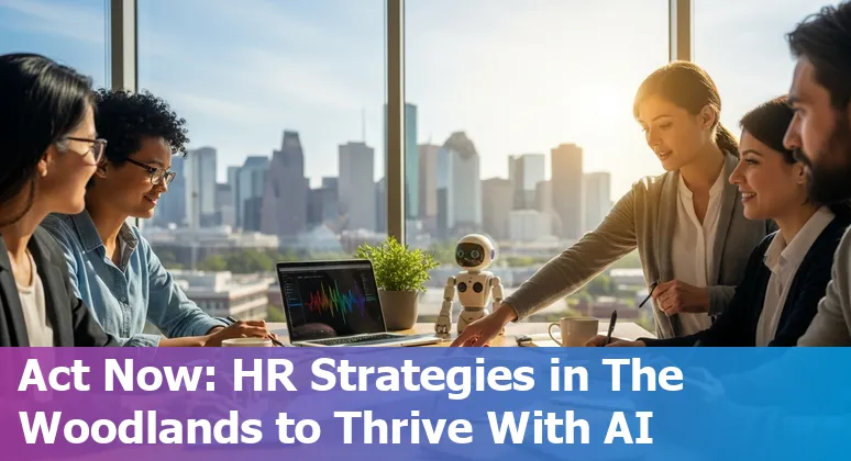 HR professional using AI tools with The Woodlands, Texas skyline in the background in 2025