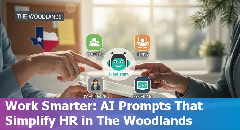 HR professional using AI prompts on laptop with The Woodlands skyline in the background