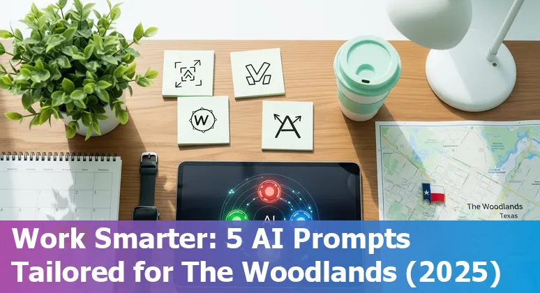 Marketing professional using AI prompts on laptop with The Woodlands Market Street in background