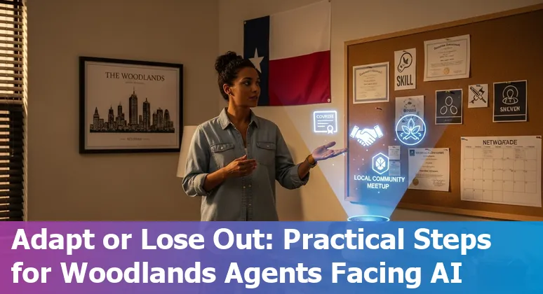 Realtor using laptop overlayed with AI icons in The Woodlands neighborhood skyline.