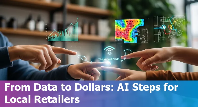 AI in retail storefront with The Woodlands, Texas skyline — 2025 guide image