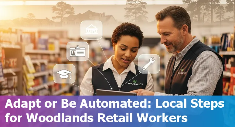 Retail worker using self-checkout kiosk in The Woodlands, Texas, with signage about upskilling and training.