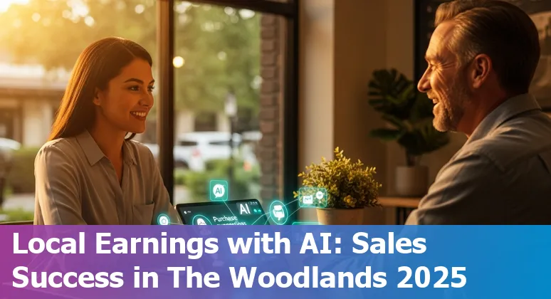 Sales professional using AI tools on a laptop in The Woodlands, Texas, 2025; local skyline visible.