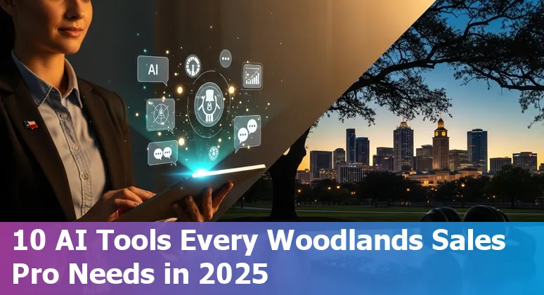 Sales professional in The Woodlands using AI tools like HubSpot and Prezent on a laptop with Texas map in background.