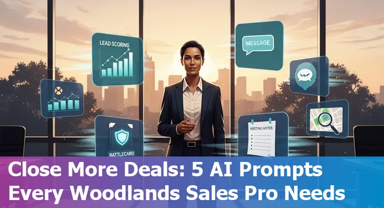 Salesperson using AI prompts on a laptop with The Woodlands skyline in the background