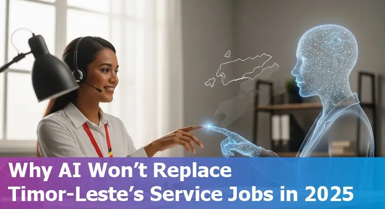 Customer service agent with AI dashboard in Timor-Leste office, illustrating hybrid AI-human support in Timor-Leste