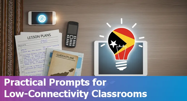 Timor-Leste classroom using bilingual AI-generated lesson materials and teacher reviewing printed prompts
