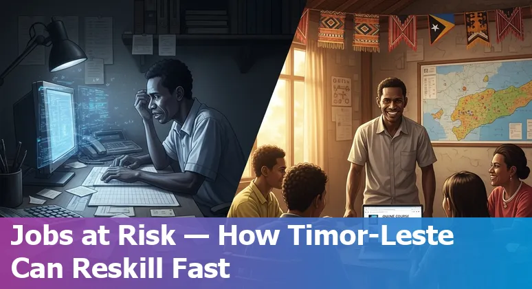 Timor-Leste bank branch with staff and a digital AI overlay representing jobs at risk and reskilling.