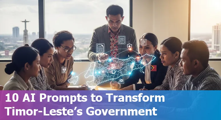 Illustration of Timor-Leste government sectors connected by AI icons: health, education, agriculture, e‑governance, and cybersecurity.