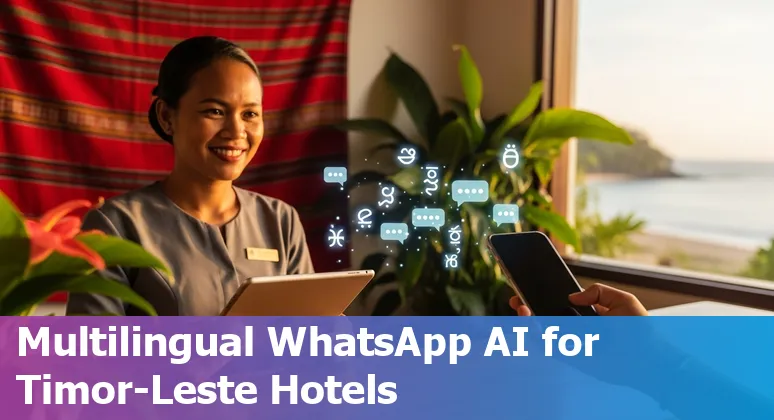 Hotel staff using an AI dashboard with a Timor-Leste map, guest chat on mobile and booking data on screen