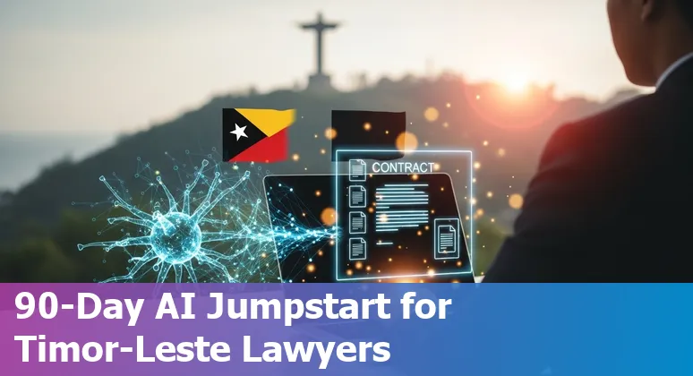 Legal professional using AI laptop with the Timor-Leste flag and Dili skyline in the background