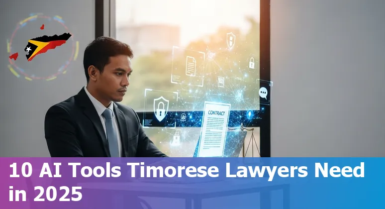 Collage of legal AI tools on a Timor‑Leste law office desktop with documents and laptop