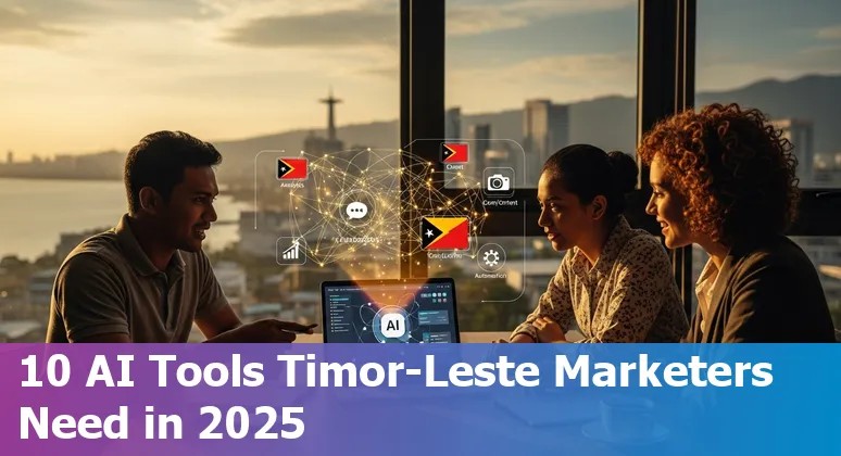 Collage of AI marketing tool logos (Claude, ChatGPT, Perplexity, DeepSeek, Zapier, NeuronWriter, Grammarly, Canva, ProductHero, Synthesia) over a Timor-Leste map