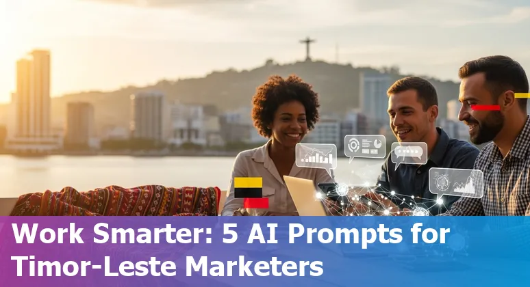Timor-Leste marketing team using AI prompts on a laptop with Dili map and social media icons