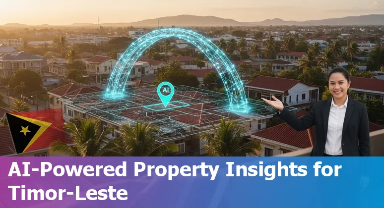 Illustration of AI tools applied to Timor-Leste real estate: maps, chatbots, documents and construction site analytics.