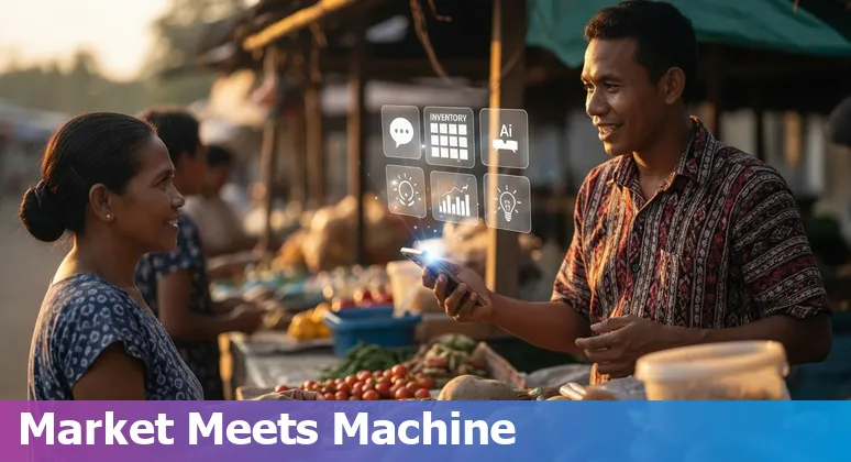 Retail store in Dili with AI shopping assistant on a phone screen and local market goods
