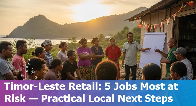 Retail worker using a tablet in a Timor‑Leste shop, with icons for AI, mobile payments and training programs in the background