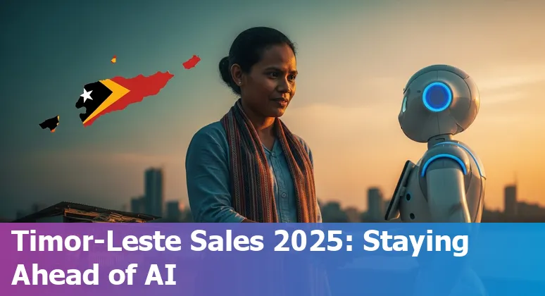 Illustration of AI assisting sales teams in Timor-Leste offices with a Timor-Leste map and local language prompts