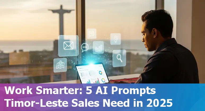 Sales professional in Timor-Leste using AI prompts: email template, LinkedIn messages, charts, and Slack alerts on a laptop