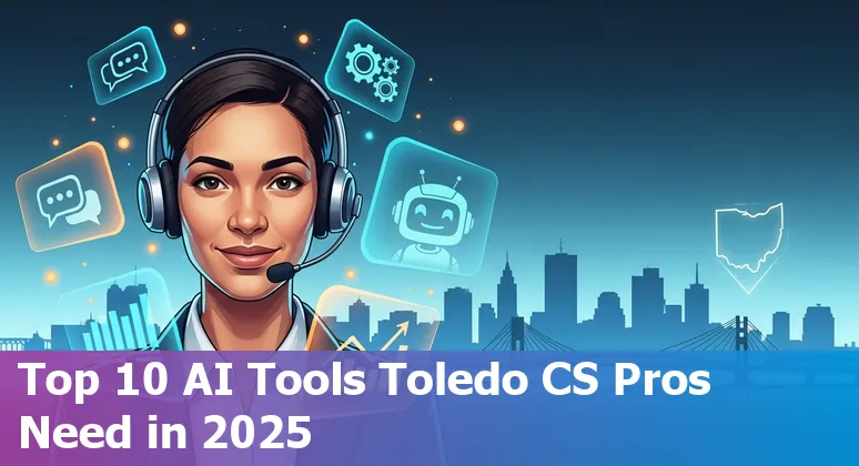 Customer service agent using AI tools on laptop with Toledo skyline illustration.