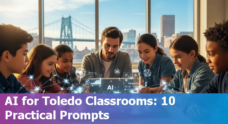 Teacher and student using AI tools in a Toledo classroom with University of Toledo logo visible