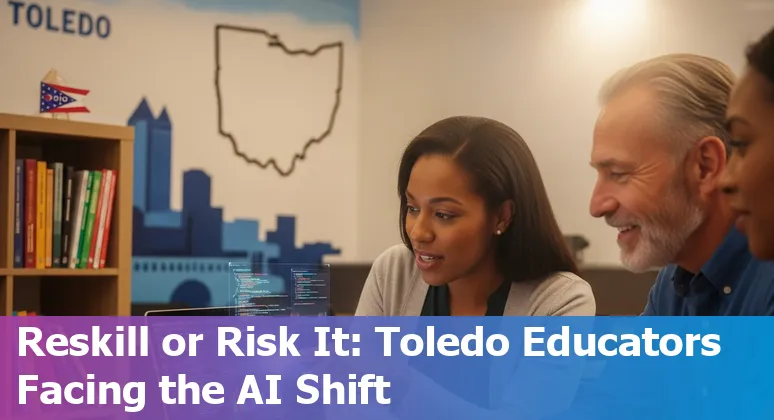 A Toledo classroom with teachers using AI tools on laptops, showing a city skyline in the background.