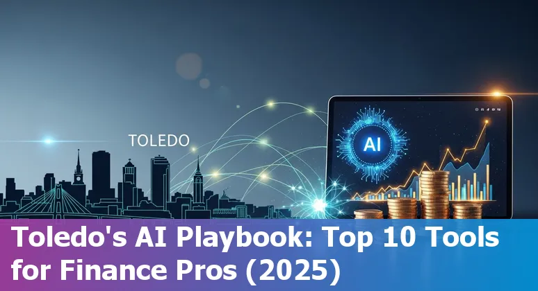 Finance professional in Toledo reviewing AI-driven dashboard with logos of Prezent, DataRobot, Zest AI, Darktrace and HighRadius in the background
