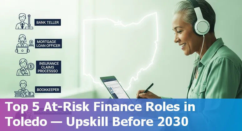 Toledo skyline with bank icons and AI circuit overlay illustrating finance jobs at risk from AI