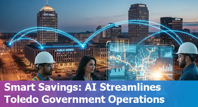 City hall with AI overlay showing analytics dashboard, Toledo, Ohio government building in background