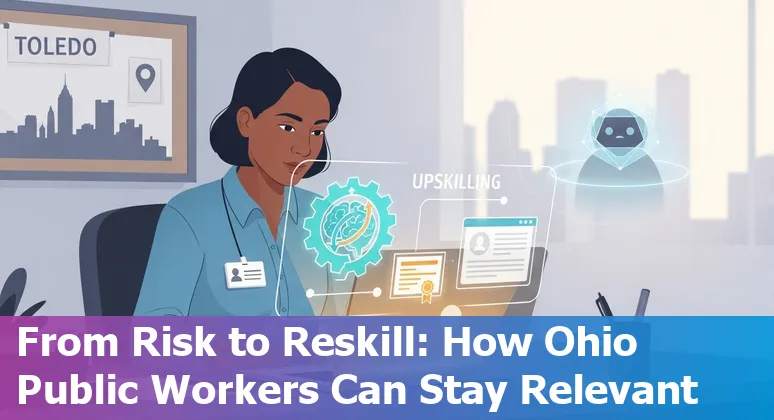 Toledo skyline with municipal workers and AI icons illustrating automation risk and upskilling