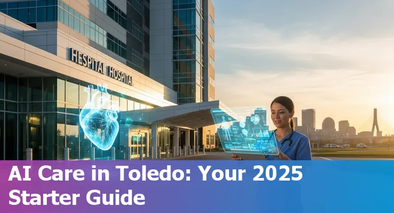 Healthcare AI concept image showing Toledo, Ohio hospital skyline and AI icons in 2025