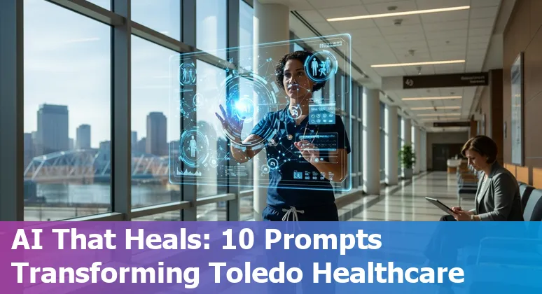 Healthcare AI in Toledo: clinician using AI tools with University of Toledo hospital in background