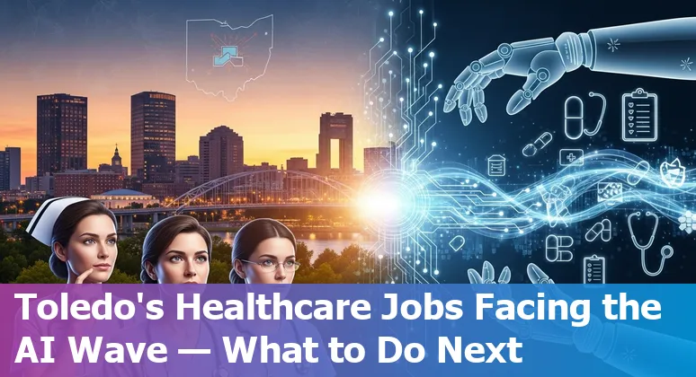 Healthcare workers in a Toledo clinic discussing AI tools and training options next to an X-ray display.