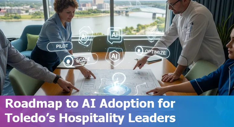 Hotel lobby with AI concierge tablet and Toledo skyline, Ohio — AI in hospitality 2025