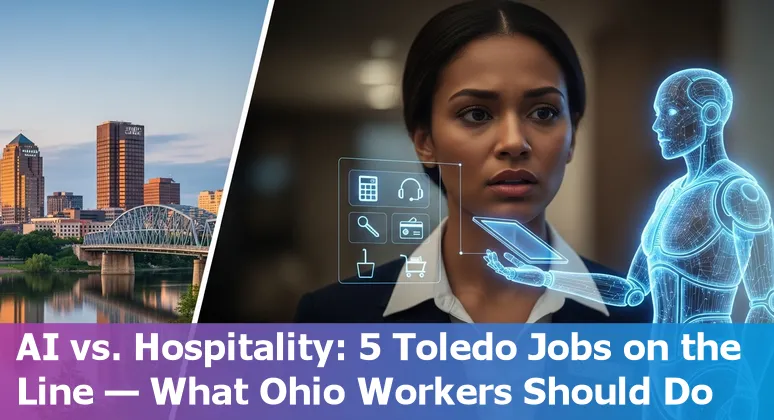 Hotel front desk kiosk and a robotic vacuum beside a concierge talking to a guest in Toledo, Ohio.