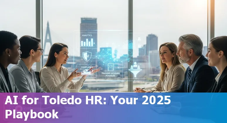 Toledo, Ohio HR professional using AI tools on laptop with Collingwood building in background
