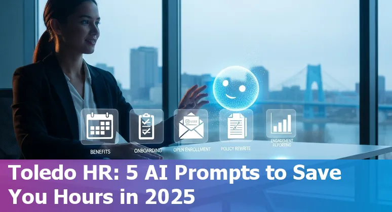 HR professional in Toledo using AI tools like ChatGPT and Microsoft Copilot to draft benefits communications on a laptop.